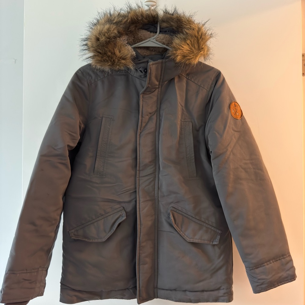 Abercrombie Kids Gray and Brown Puffer Jacket with Fur-Trimmed Hood